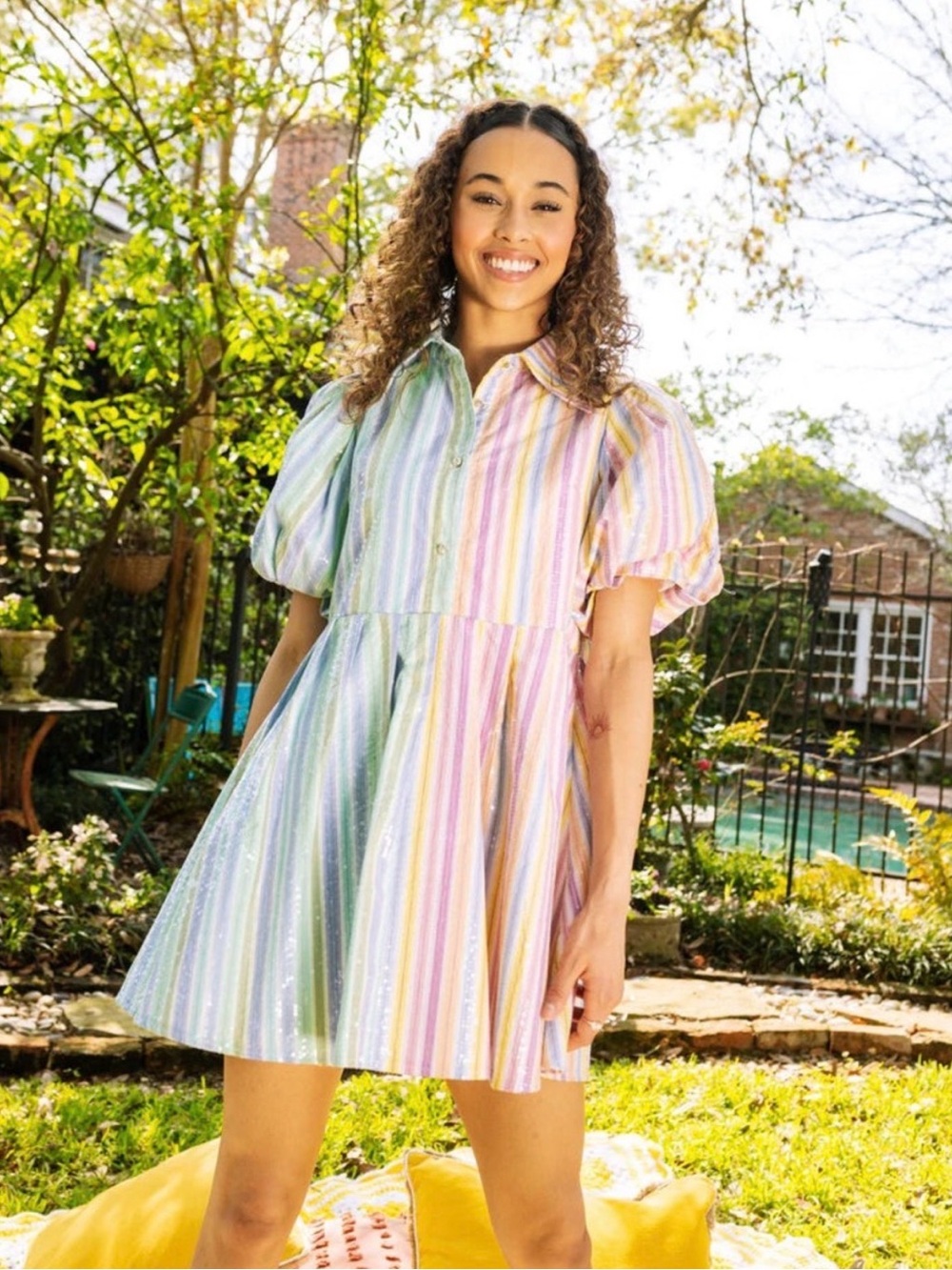 Queen of Sparkles Pastel Rainbow Stripe Puff-Sleeve Babydoll Dress Size L